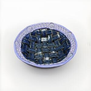 Vintage Blue White Woven Ceramic Basket Bowl Stoneware Art Pottery